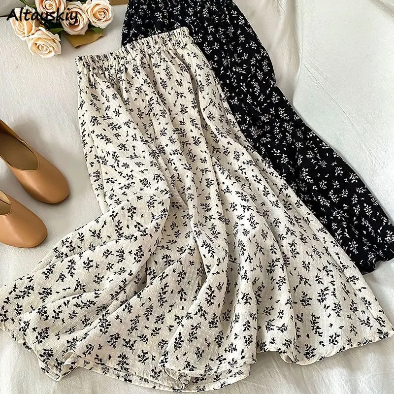 

Midi Skirts Women Floral Vintage Loose Prairie Chic All-match Spring A-line Elastic Waist Ulzzang Sweet Fashion Casual Holiday