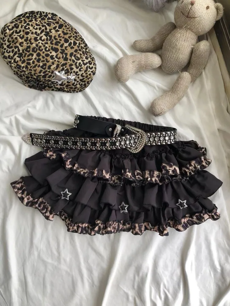 Kawaii Mini Cake Patchwork Leopard Skirt Womens Harajuku Sexy High Waist Ruffled Skirts Y2k Aesthetic Sweet Grunge Gothic Faldas