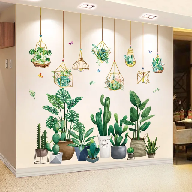 [shijuekongjian] Green Plant Wall Stickers Decor DIY Potted Culture Mural Decals for Living Room Bedroom Kitchen Home Decoration 1