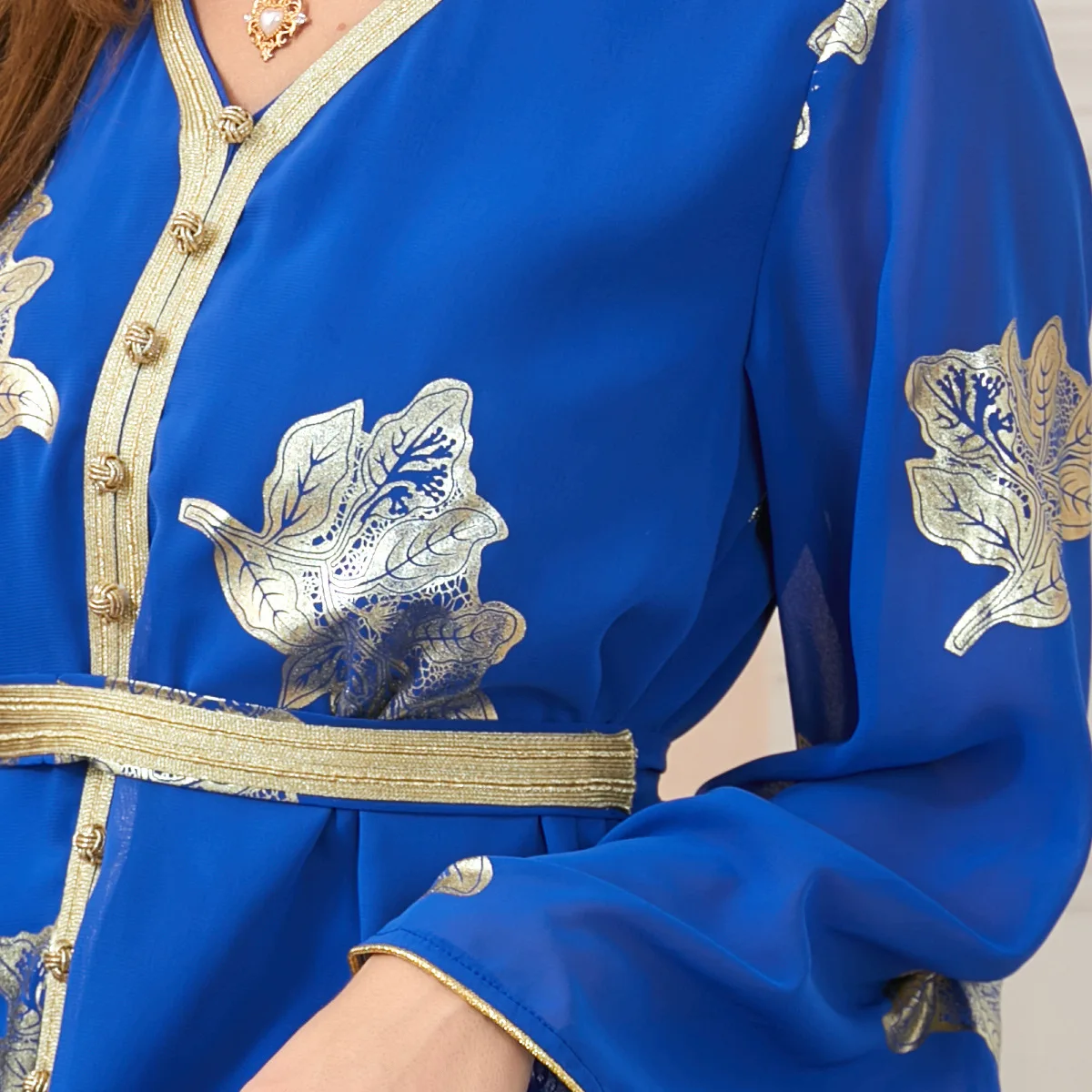 Party Dresses For Women Dubai 2023 Printed Long Sleeve V-Neck Button Muslim Dress Trim Belted Kaftan Split Hem Clothes For Women