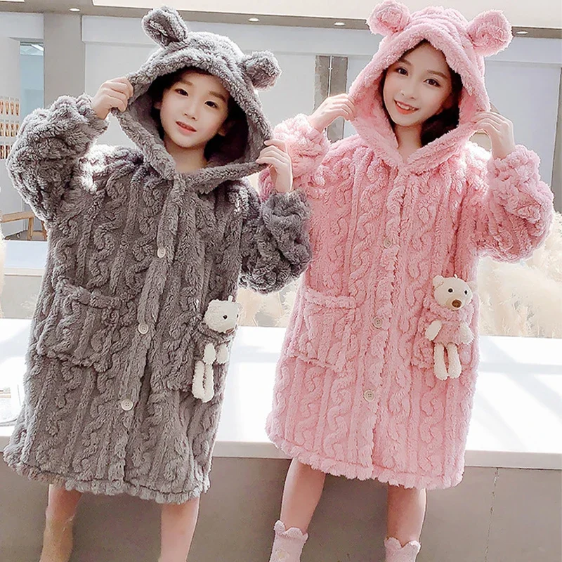 Children Sleeping Sleepwear Shower Robe Long Sleeve Hooded Lovely Bear Bathrobes Flannel Pajama Girl Princess Clothing