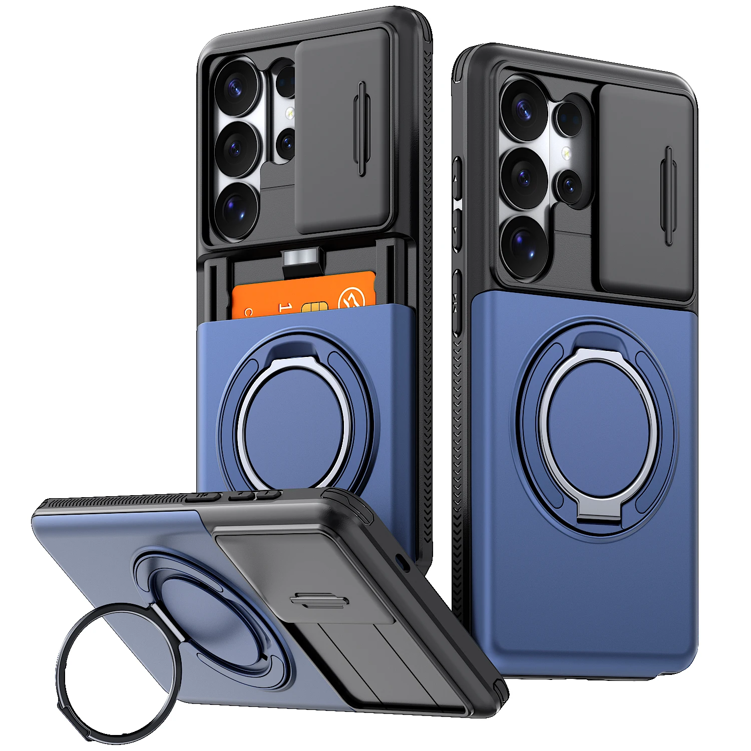 Enhanced Shockproof Protective Case with Slide Camera Cover, Rotating Ring Kickstand, and Card Holder