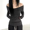 Lamuusaa Grunge Top y2k Clothes Women Cybercore Striped Off Shoulder Long Sleeve T Shirt 2000s Gothic Clothing Fall Streetwear 1