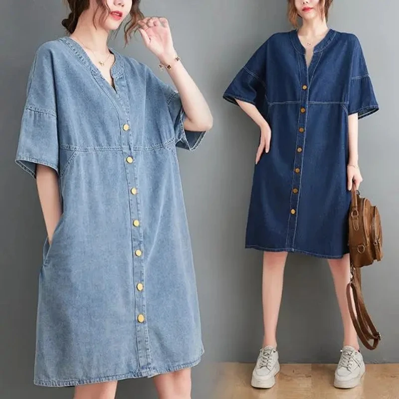 

Denim Dress for Women Blue Short Sleeve Button Down Jean Shirt Dresses
