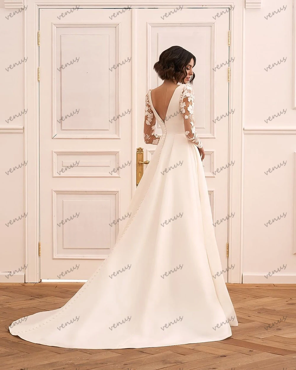 Classic Wedding Dresses 2025 A-Line Satin Bridal Gowns Full Sleeves Lace Appliques Elegant Robes Vestidos De Novia Customized 4