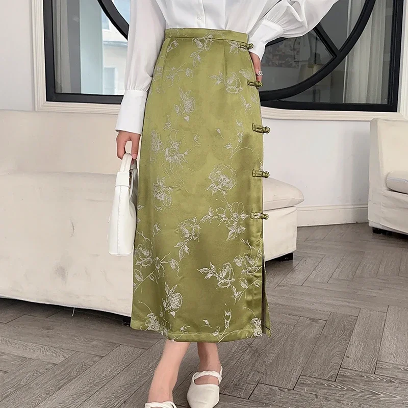 

Chinese Style Women's Skirts High Waist New Spring/summer Satin Hipster Clothing Slim Silk Print Split Women Skirt YCMYUNYAN