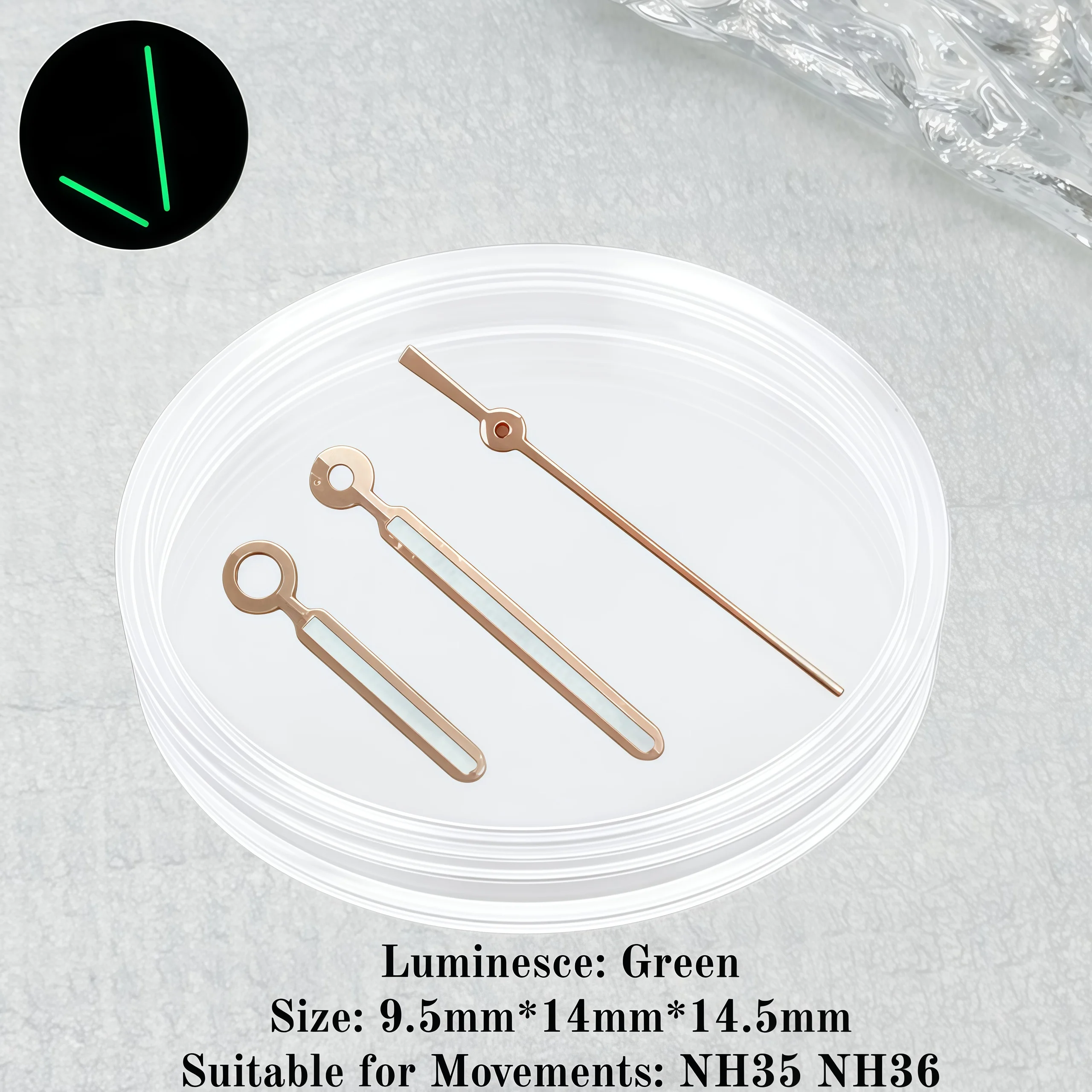 Enhanced Luminous Green Watch Hands Set with Unique Modified Design (9*14*14.5mm, 3-Pin Needles)