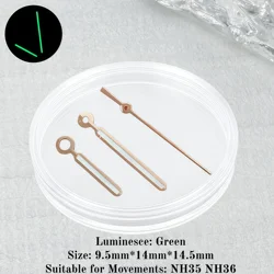 Enhanced Luminous Green Watch Hands Set with Unique Modified Design (9*14*14.5mm, 3 - Pin Needles) (A - P - Rose Gold)