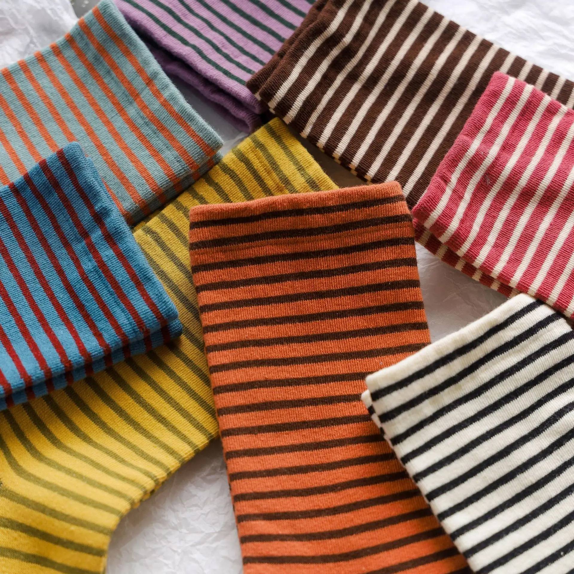 Women's Korean Comfort Cotton Socks - Striped Contrasting Color Mid Tube, 5 Pairs Set