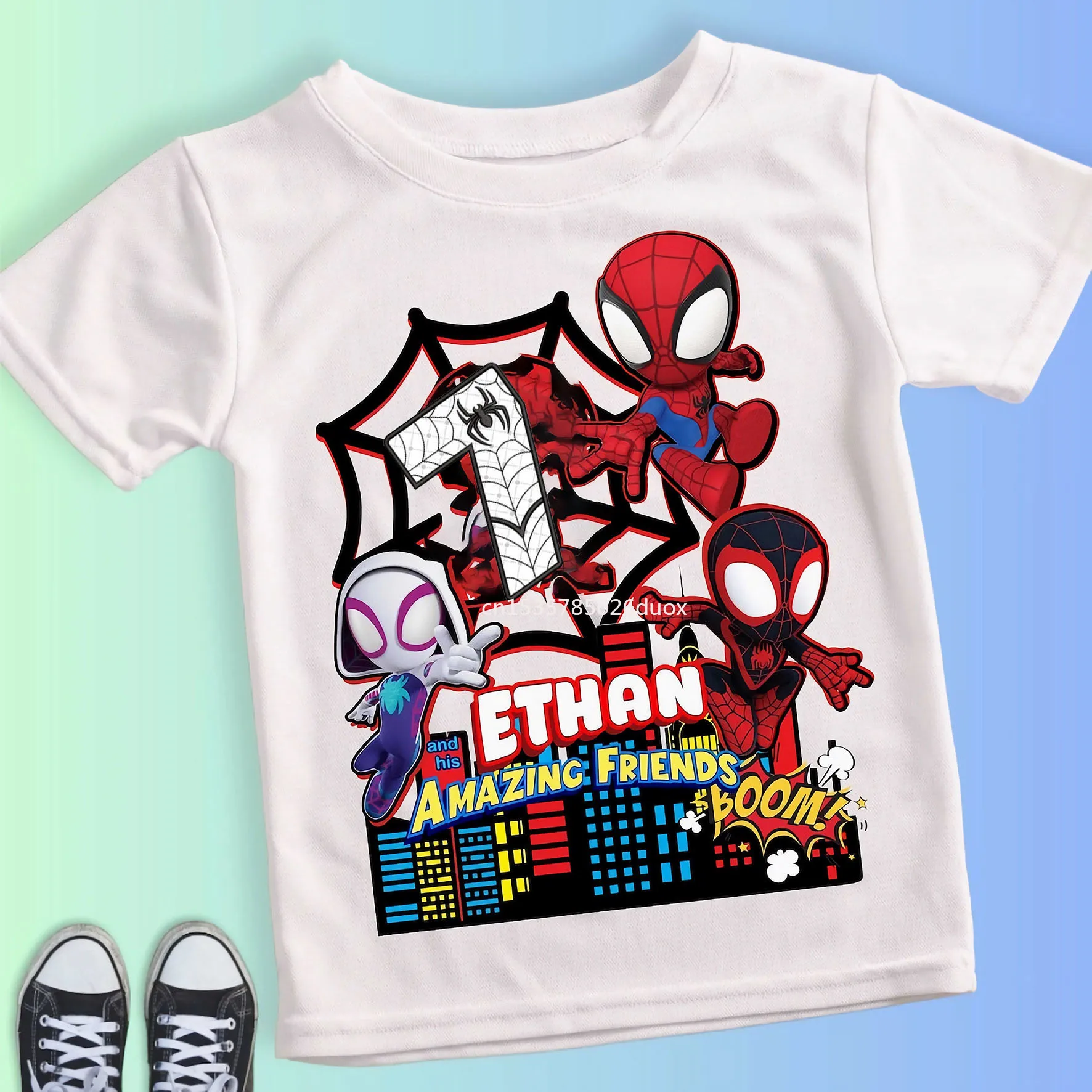 Summer Kid 2 3 4 5 6 7 8 9 Spider Man and His Friends Birthday White Shirt Spider-Man Customized Name Birthday Party Boy T-shirt 5