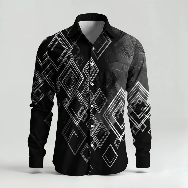2025 Trendy Men Shirt Set Geometry Print Summer Fashion Simple Two Piece Set Mens Gradient Lightweight Party Long Sleeves Suit_voghion.com