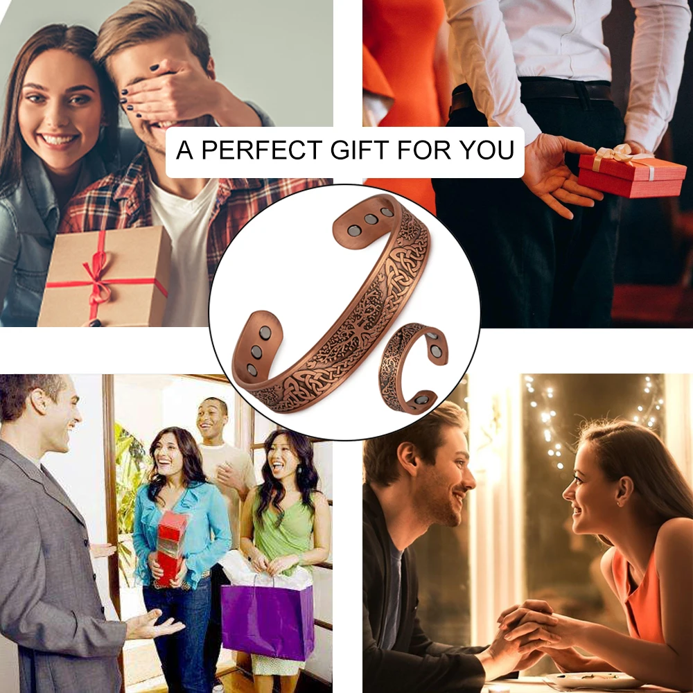 Meathly Set di gioielli in rame puro magnetico Yggdrasil Bracciale vintage regolabile Anello Set di gioielli vichinghi per la salute ridimensionabile per donne e uomini_voghion.com