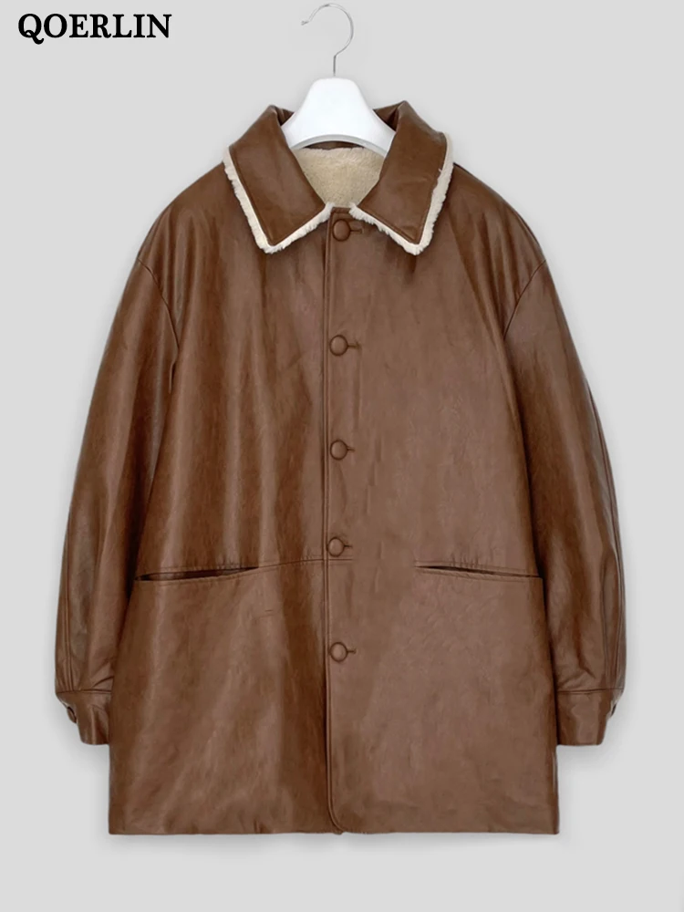 QOERLIN Leather Long Trench Women Winter Fur Liner Keep Warm PU Overcoat 2022 New Single-Breasted Jacket Pockets Button Up Coat