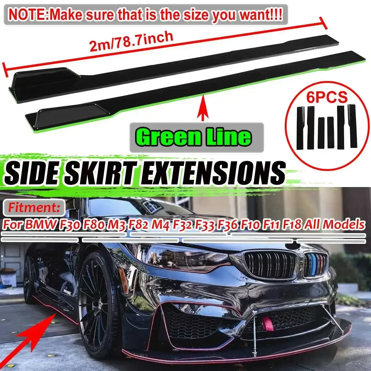 

78.7'' 2m Car Side Skirt Extensions Spoiler Rocker Lip For BMW F32 F33 F36 F30 F80 M3 F82 G30 G31 E39 E46 E90 E92 X5 X6 Body Kit