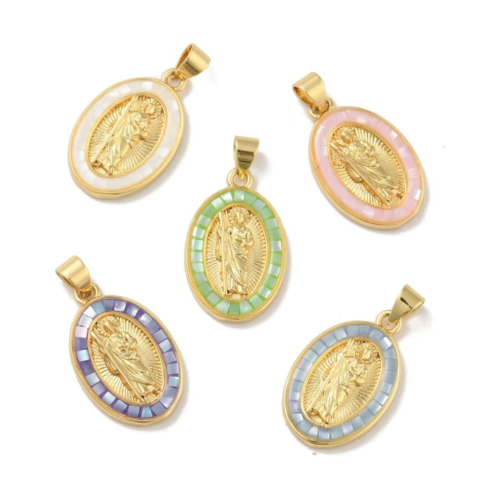 5pcs Brass Oval Shell Charms Pendant With Virgin Mary Pendants for Religions Easter necklace jewelry DIY making Decor