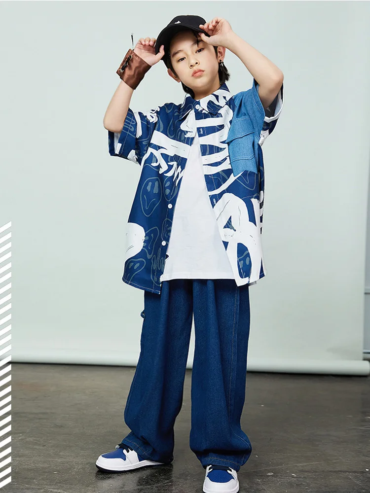 Children costumes boys hip hop costume graffiti jeans shirt loose pants for girls street dance kids jazz clothes children streetwear sets