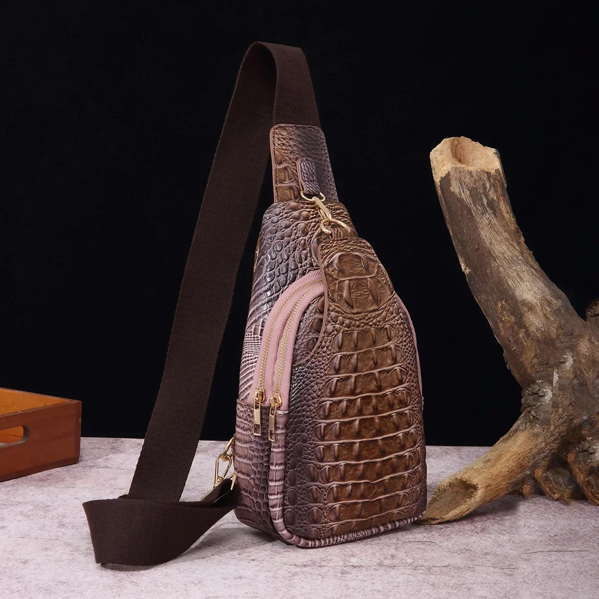 Retro Fashion Wide Shoulder Strap Women's Chest Bag Waist Bag Crossbody Bag Crocodile Pattern