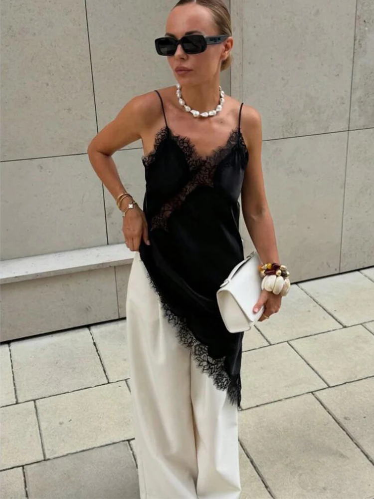 Satin Sexy Lace Spliced Short Sling Dress Women Sleeveless Backless Asymmetric Sexy Party Dresses 2025 Summer Lady Dress ﻿