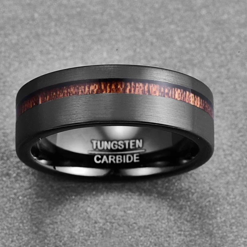 Nuncad 8MM Electroplated Black Matte Surface Acacia Tungsten Carbide Ring Cool Punk Men's Party Jewelry Wedding Wood Rings T163R 2
