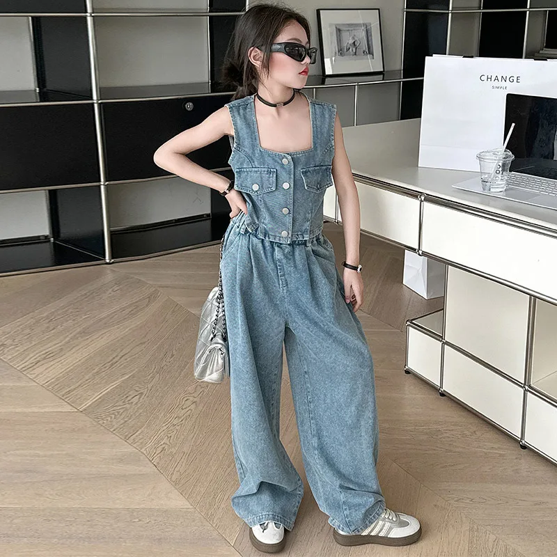 

Girls Denim Suit 2024 New Fashion Sleeveless Short Vest Tops High Waist Wide-legged Jeans Two-piece Kids Blue Boutique Outfits