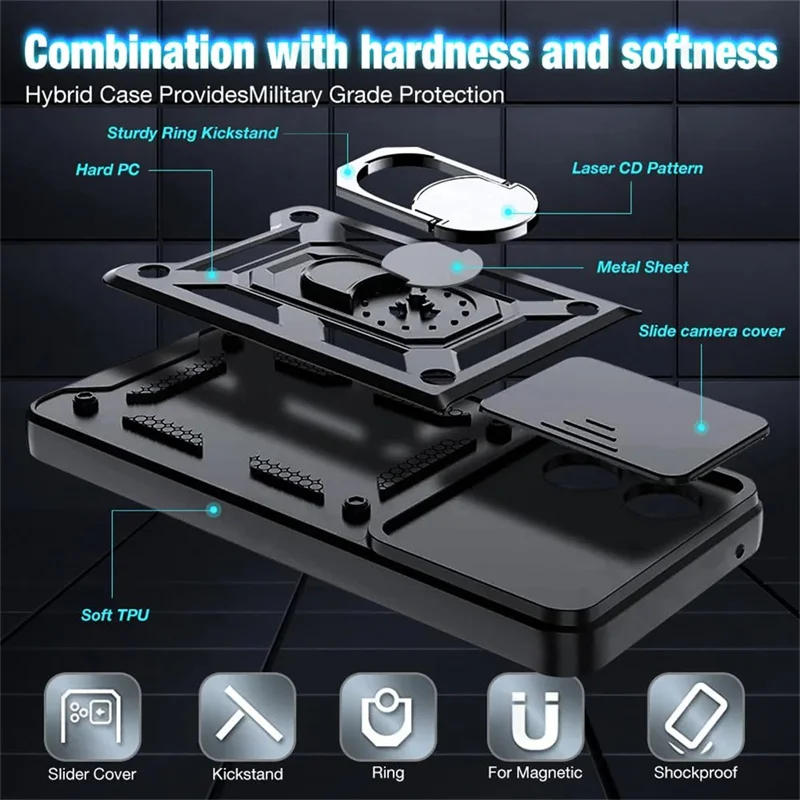 Armor Shockproof Phone Case with Magnetic 360-Degree Ring Holder and Slide Lens Cover