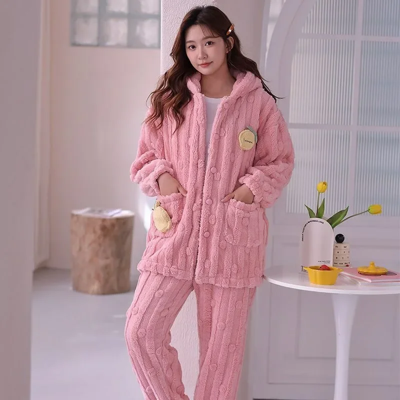 2024 New Coral Fleece Winter Pajamas Women's Long Sleeve Loungewear Velvet Thickened Warm Sleepwear Flannel Zipper Homewear Set