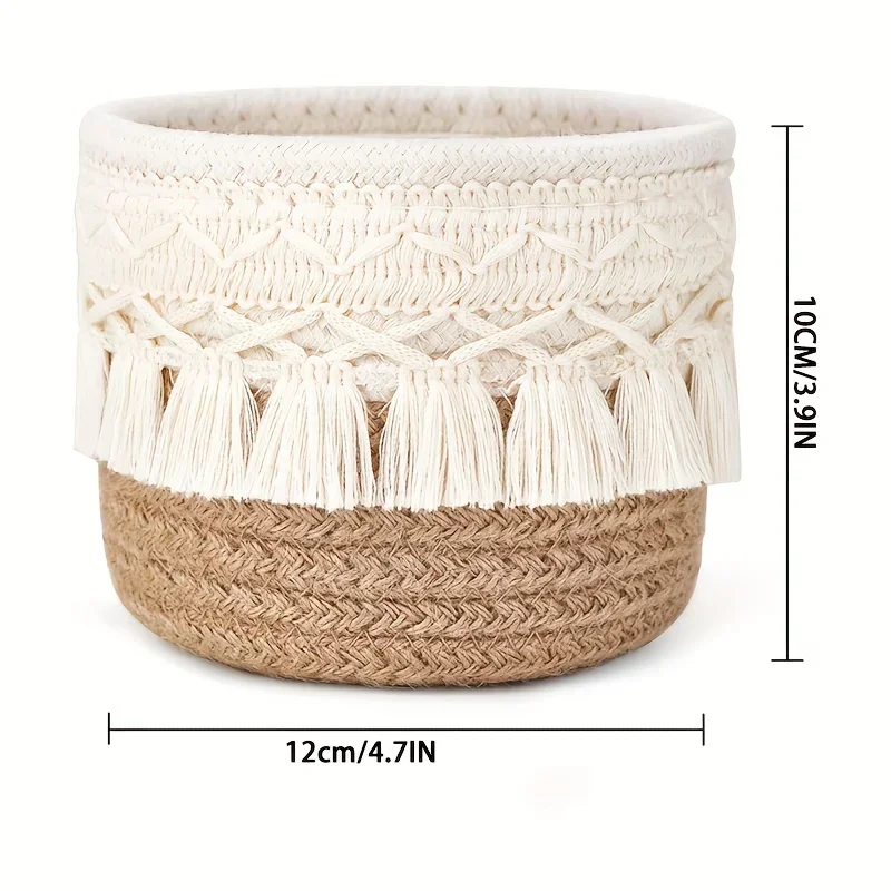 Description Picture 4 of item1pc Handmade Boho Chic Makeup Brush Holder Dual-Tone Woven Cosmetic Storage Basket with Tassel Detail Makeup Brushes Organizer