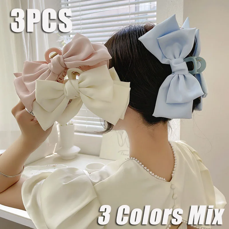 Hair Accessories Hair Clips Elegant Women Bow Hair Claw Clips Double-sided Large Satin Shark Hair Claw Solid Bowknot Hairpins Barrettes Accessories
