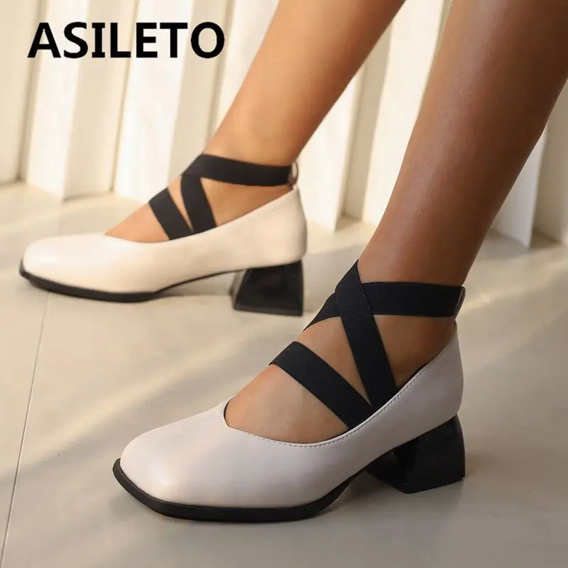 

ASILETO Design Women Pumps Square Toe Block Heels Crossover Elastic Strap Big Size 47 48 Fashion Soft Dress Girls Shoes Spring