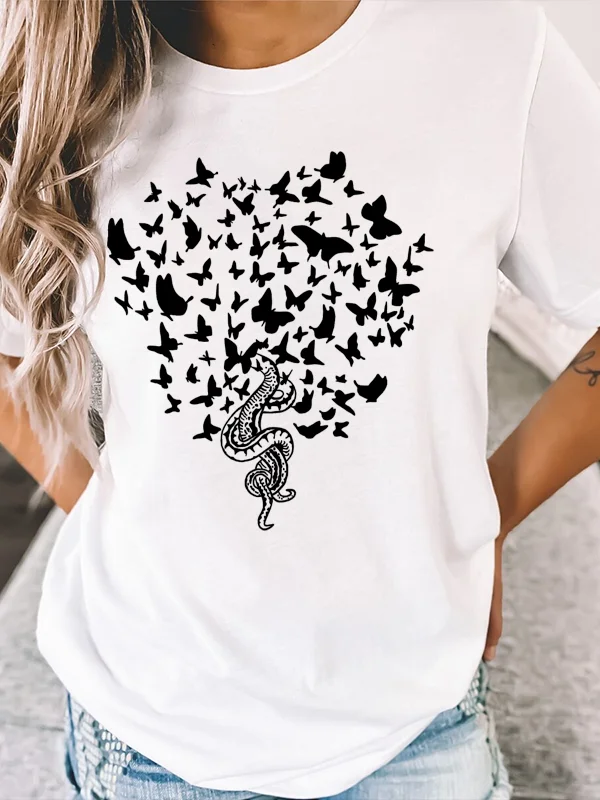 

Black Butterflies Flying All Over The Sky Snack Print Women T-shirt New Fashion Dark Horror Gothic Stysle Casual Female Shirt