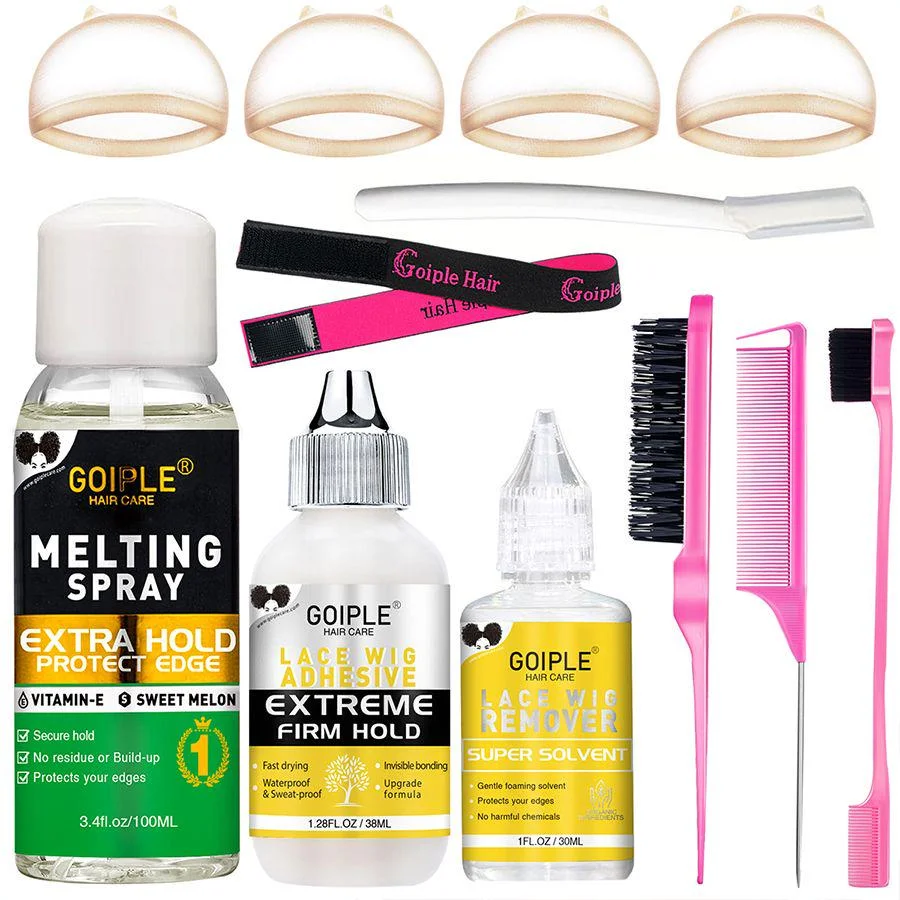 Goiple 12PCS Professional Wig Installation Kit with Lace Glue Melting Spray and Remover Complete Set for Beginners