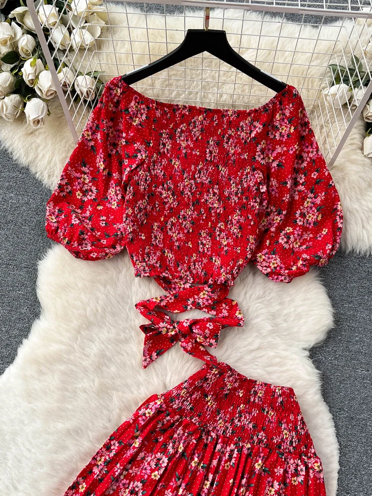 Summer Women Printed Two Piece Set Bohemian Vacation Beach Slash Neck Puff Sleeve Short Bandage Tops + Pleated Skirt Suit New