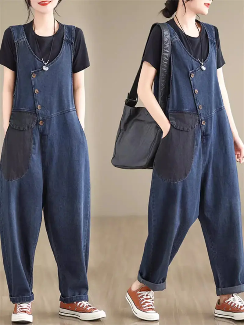 

Loose Retro Patch Color Blocking Design Jeans Simple Fashion Diagonal Button Spliced Harem Pants For Women Dniem Jumpsuit K446