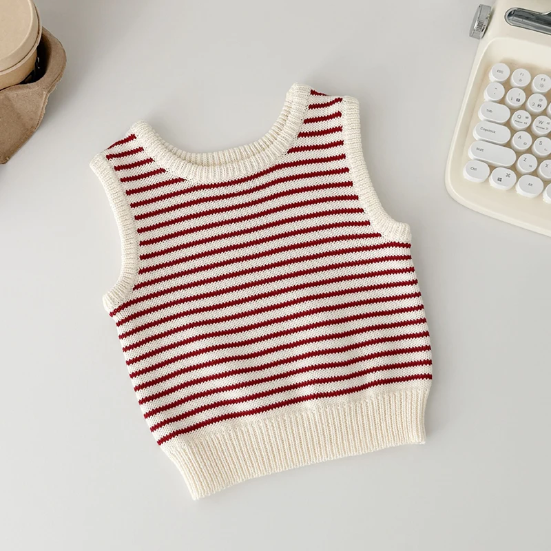 2025년 신상 가을 0-3세  남아 여아 니트 조끼  남아 여아 민소매 줄무늬 니트 풀오버 조끼