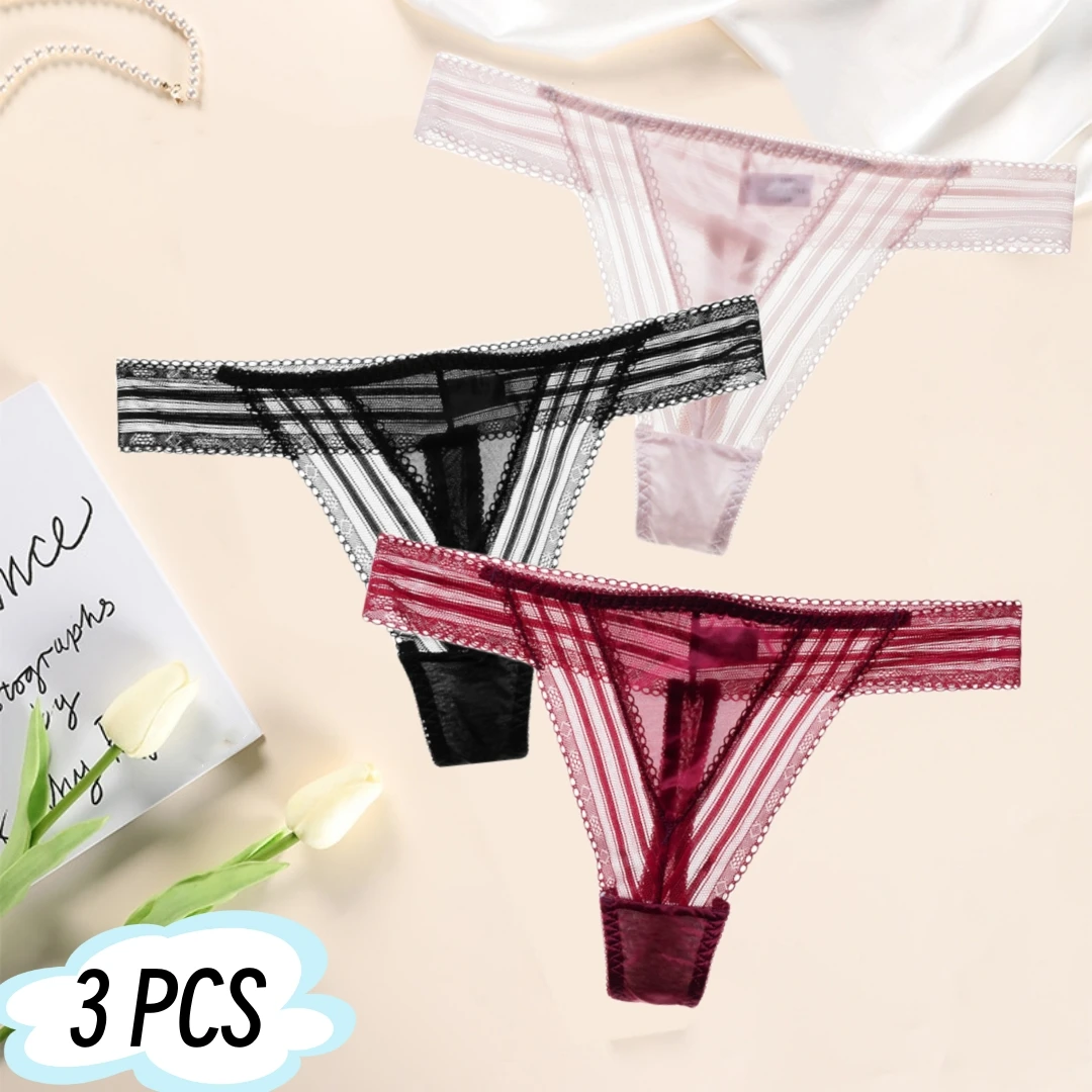 

New 3 Pc Summer Breathable Gauze Low Waist High Elastic Striped Quick-drying Invisible Women's T-string Panties