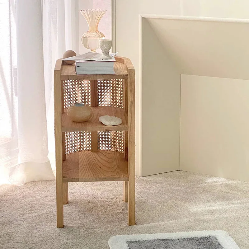 wood rattan woven bedside cabinet, retro Korean side cabinet, CANE coffee table, small side table, bedroom, homestay, ins style