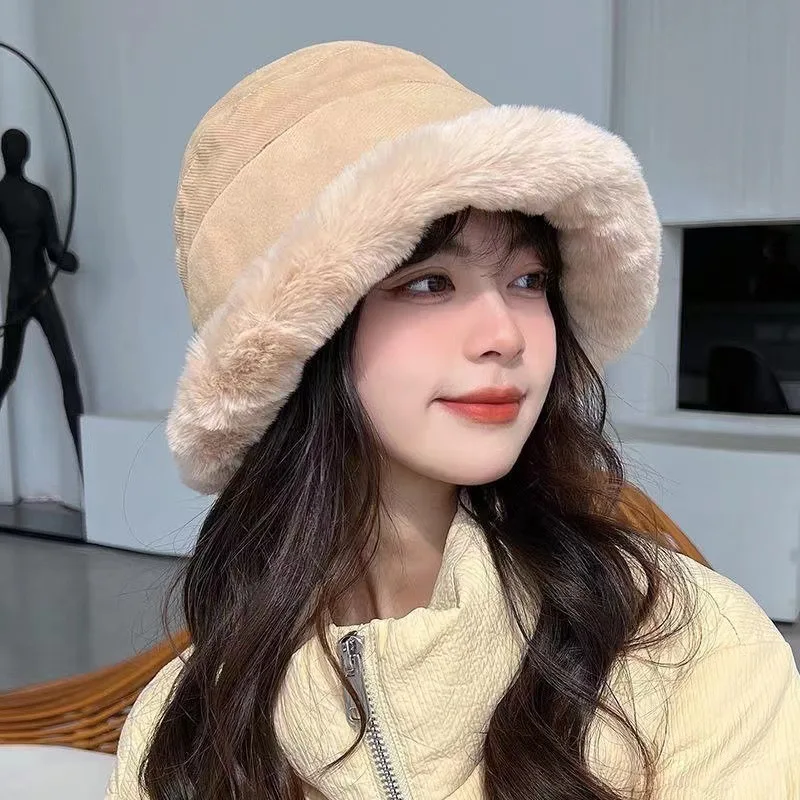 women bucket hat women winter furry bucket hat rolled brim faux fur cloche hat fleece lining autumn and winter windproof warm