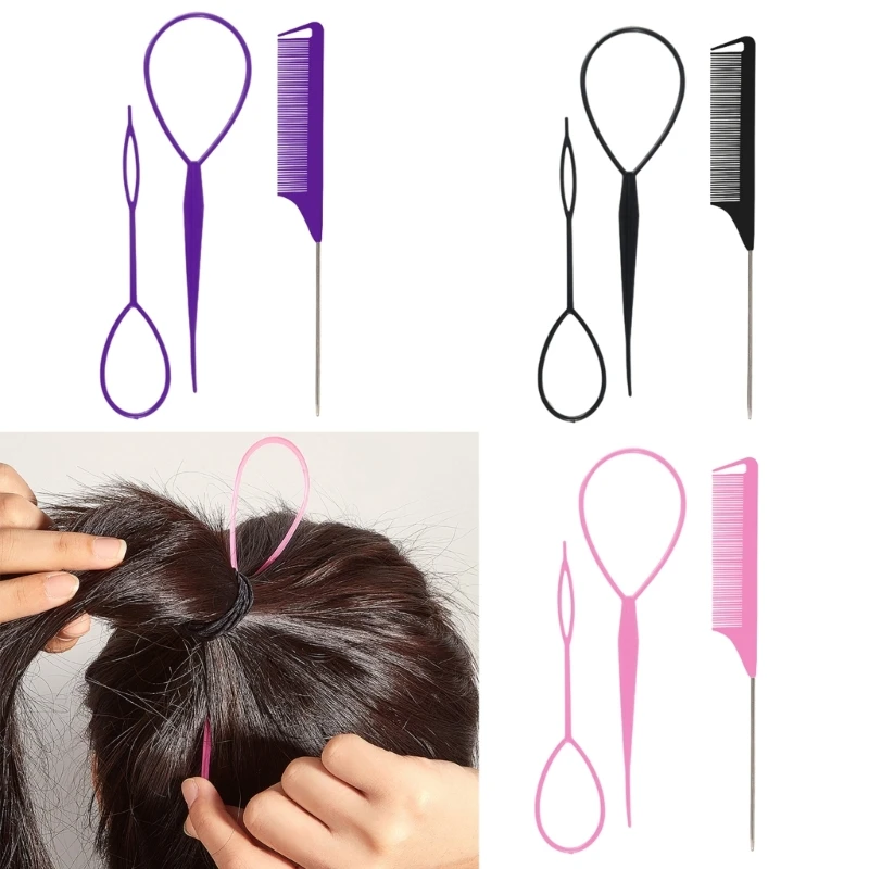 Description Picture 6 of item3Pcs Hair Tail Tools Hair Loop Tool Set with French Braid Tool Loop Tail Comb Hair Tail Tools for Hair Styling