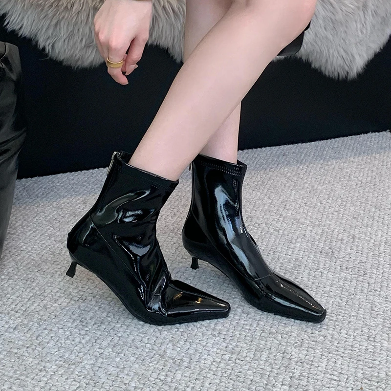 

Женские ботинки из лакированной кожи ZOOKERLIN, с острым носком, на шпильке, на молнии, Короткие однотонные ботильоны, осенне-зимняя обувь для женщин