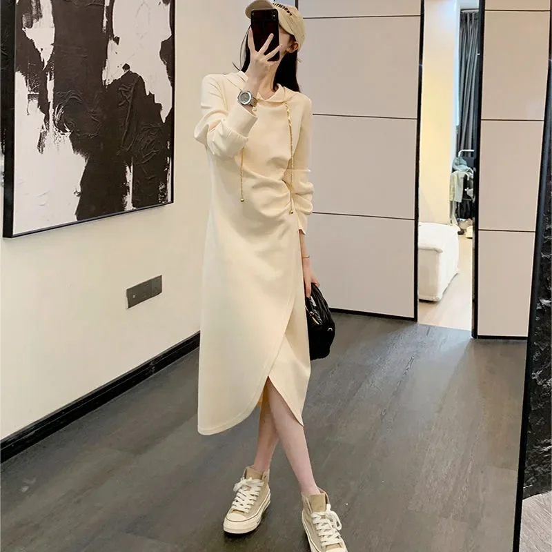 

Female Loose Fashion Hooded Dress 2023 Autumn Winter Women's Clothing Korean Elegant Long Sleeve Midi Dresses