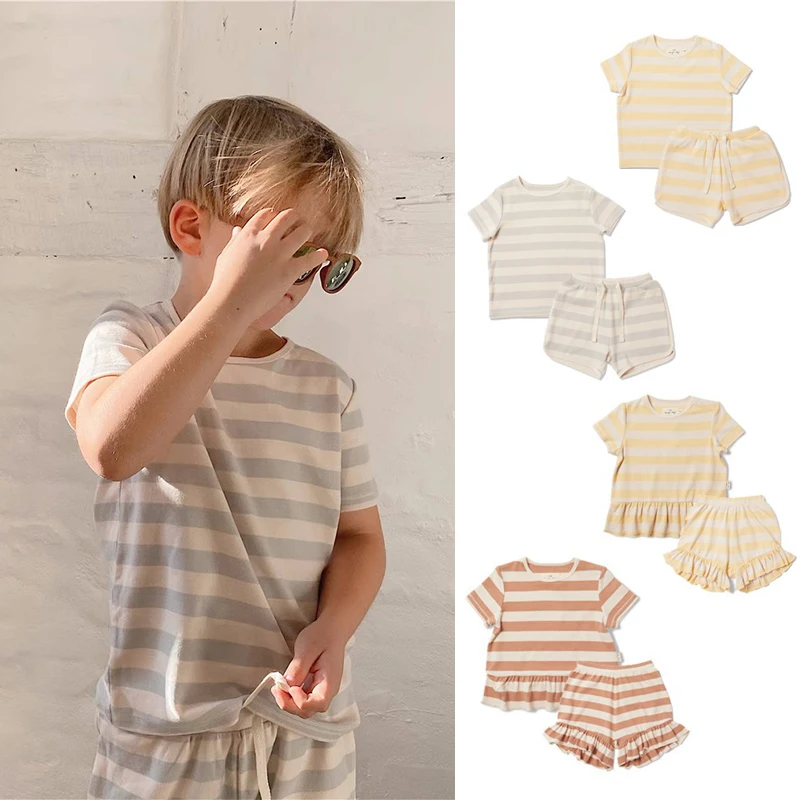 

Kids Set 23 KS Spring/summer New Comfortable Loungewear Kids Cotton Short Sleeve T-shirt Stripe Top Shorts Set