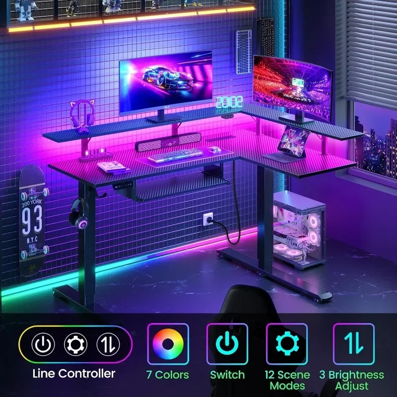 L-shaped Standing Desk with LED Lights and Power Outlets, Dual Motor Height Adjustable, Monitor Stand and Keyboard Tray 4