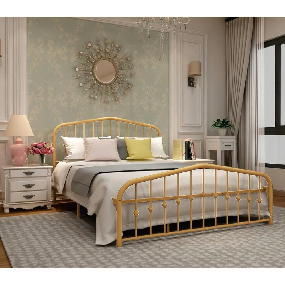 

Metal Bed Frame Queen Size Platform No Box Spring Needed with Vintage Headboard and Footboard Premium Steel Slat