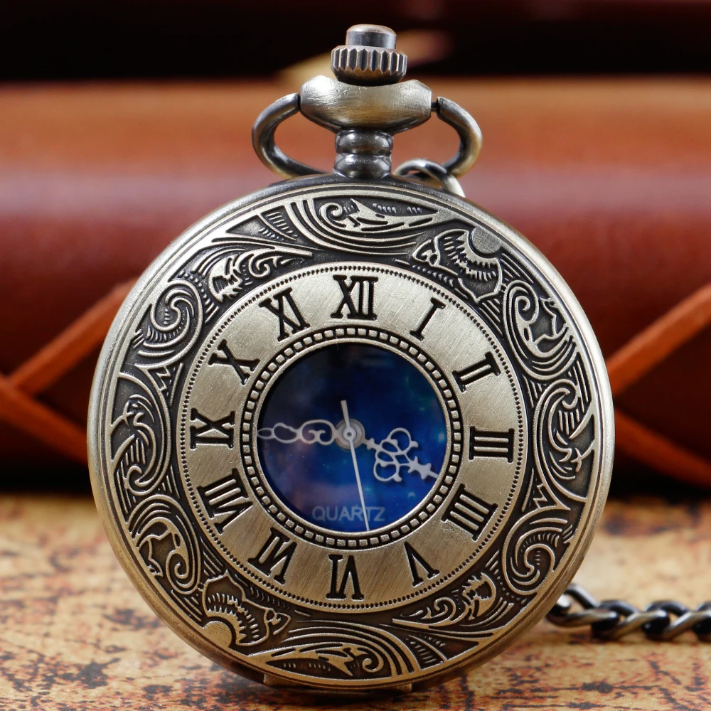 

Vintage Starry Sky Blue Roman Numerals Dial Pocket Watch Pendant Clock timepiece Gift For Male Kids