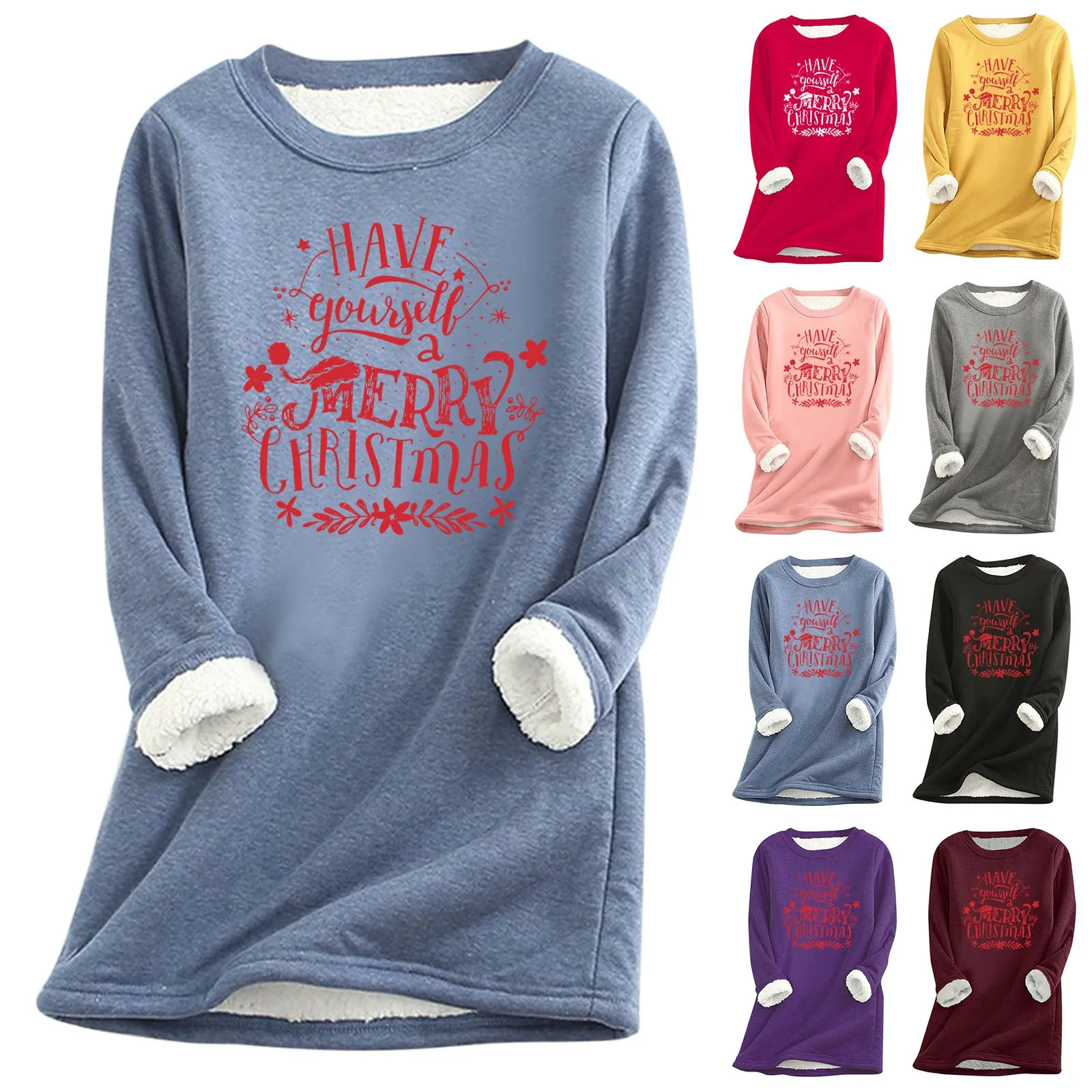 

Women Casual Christmas Print Shirt Thick Fleece Sweatshirt Winter Round Neck Warm Soft Fashion Underwear Top Baggy Shirt