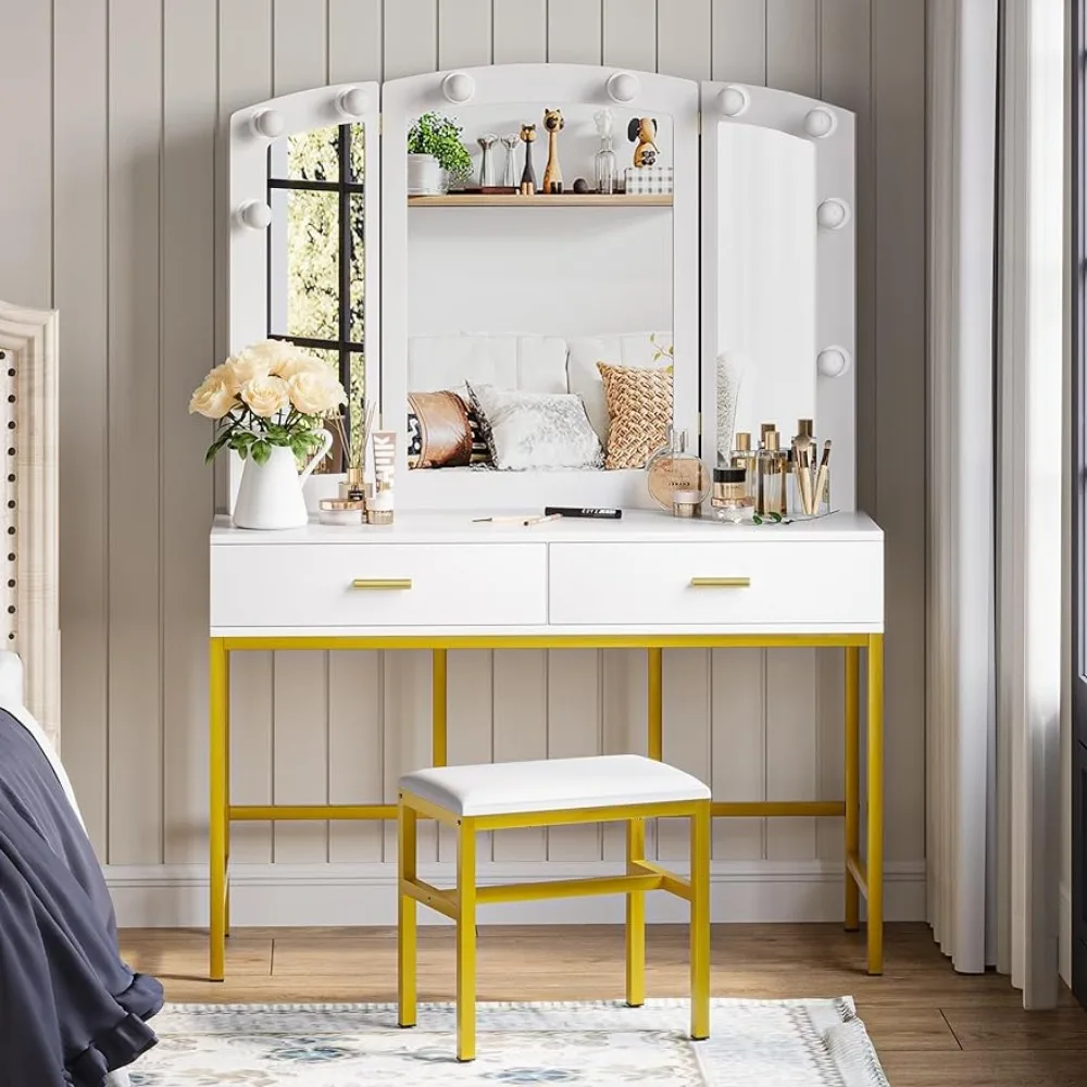 

Semiocthome Vanity Desk with Mirror and Lights,Tri-Fold Mirrors Makeup Desk,60"Tall White Table Lights and Chairs,Vanities