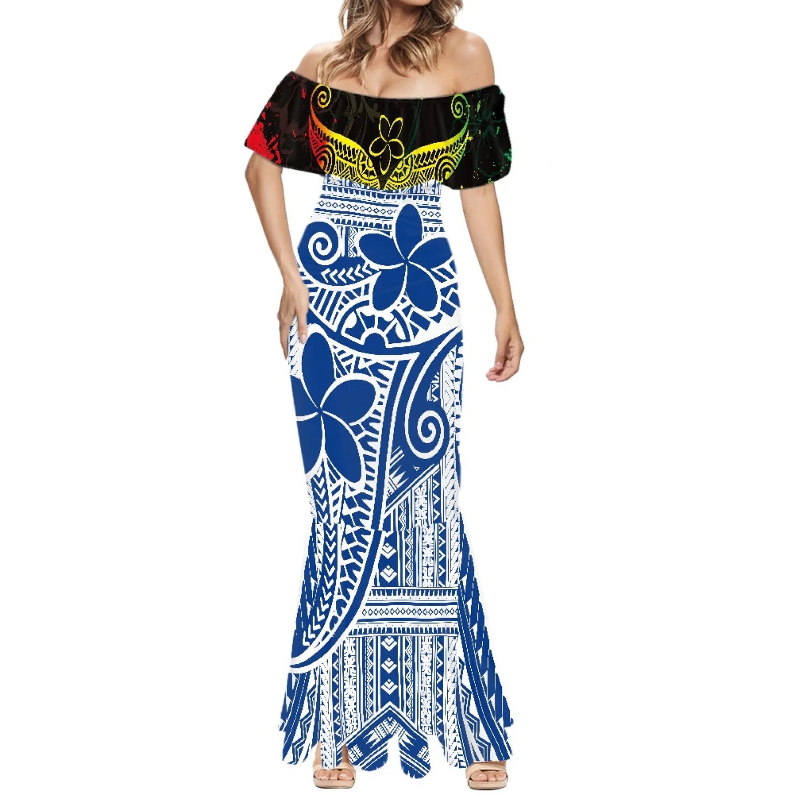 

Polynesian Tribal Fijian Totem Tattoo Fiji Prints Sexy Strapless Wedding Dress Off Shoulder Party Formal Occasion Dress Summer