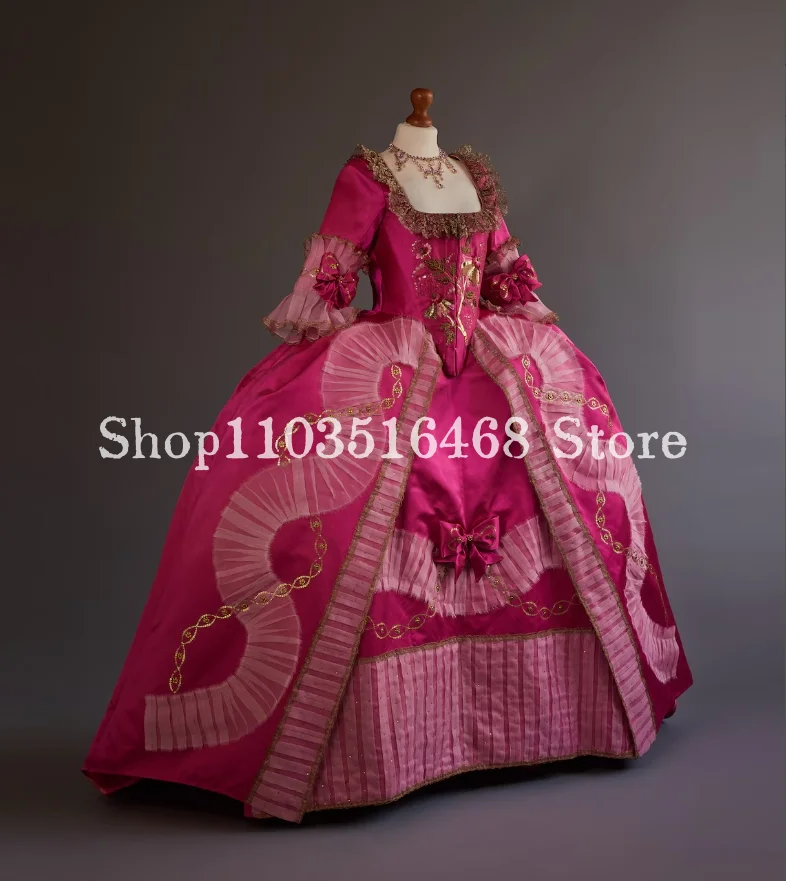 18th Century Rococo Rose Pink Edwardian Square Neck Half Sleeve Fantasy Bow Applique Masquerade Prom Dress For Women women prom dresses