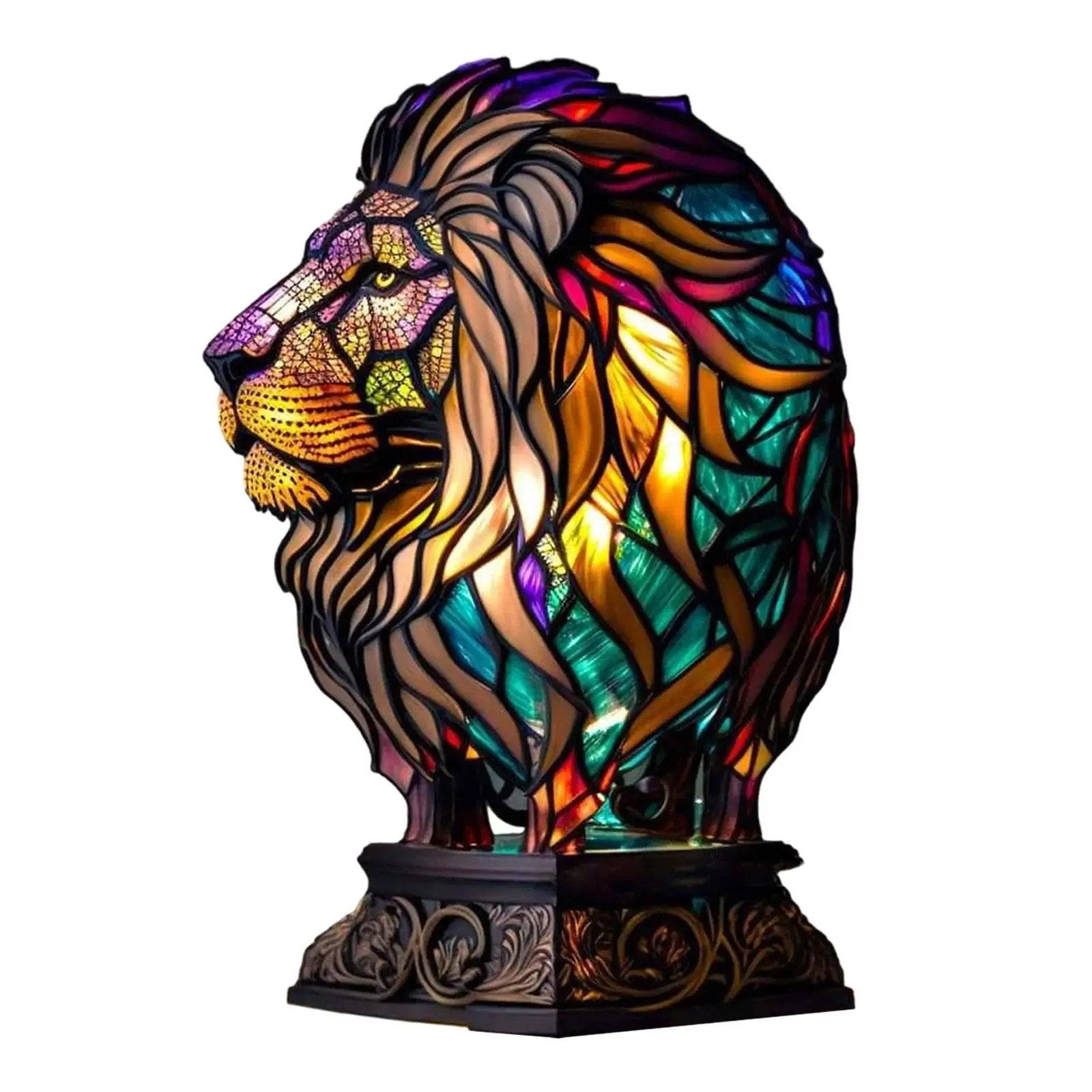 Lion Stained Bedside Table Lamp Resin Retro Art Crafts Vintage Desktop Ornament for Living Room Bedroom NightStand Hotel Gift