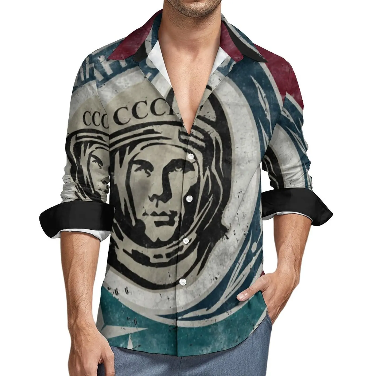 

CCCP Yuri Gagarin Shirt Male Science Casual Shirts Spring Graphic Blouses Long Sleeve Fashion Oversized Clothing Birthday Gift